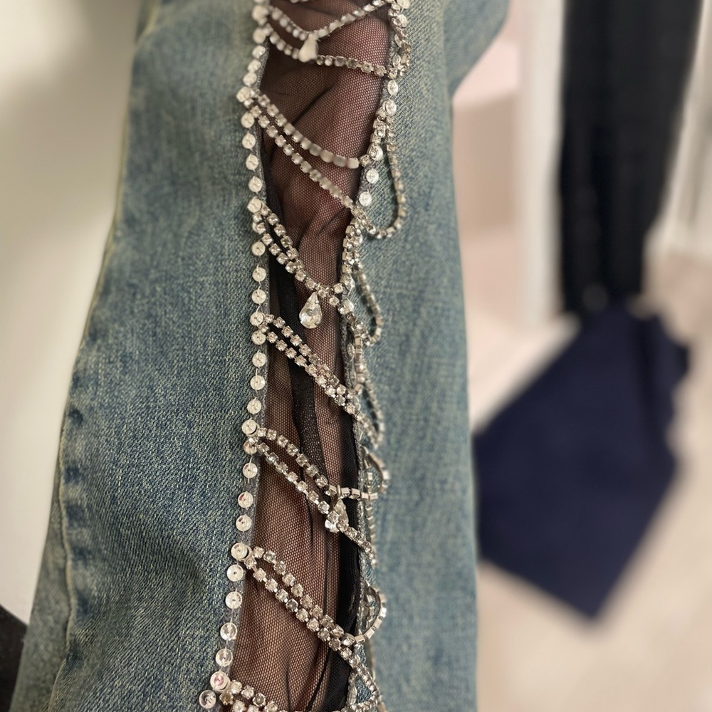 ONE-OF-A-KIND SWAROVSKI- adorned John Richmond Designer Denim Jeans Size 26! - Picture 5 of 10